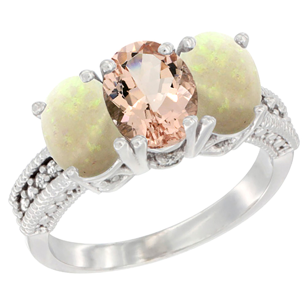 14K White Gold Natural Morganite &amp; Opal Sides Ring 3-Stone 7x5 mm Oval Diamond Accent, sizes 5 - 10