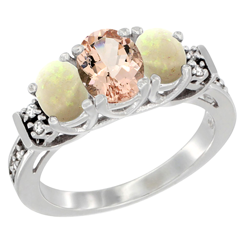 14K White Gold Natural Morganite &amp; Opal Ring 3-Stone Oval Diamond Accent, sizes 5-10