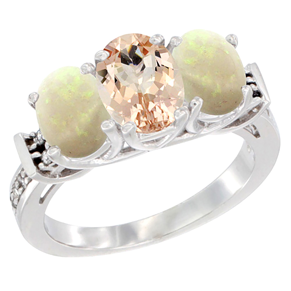 14K White Gold Natural Morganite &amp; Opal Sides Ring 3-Stone Oval Diamond Accent, sizes 5 - 10