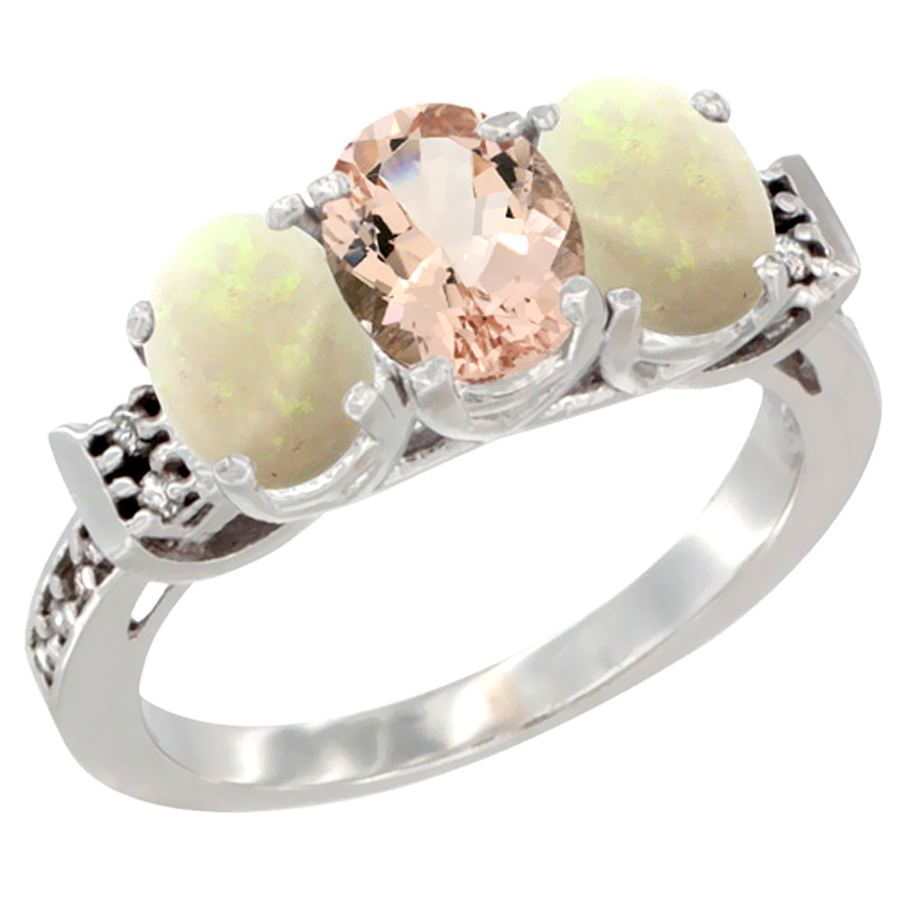 14K White Gold Natural Morganite & Opal Sides Ring 3-Stone Oval 7x5 mm Diamond Accent, sizes 5 - 10