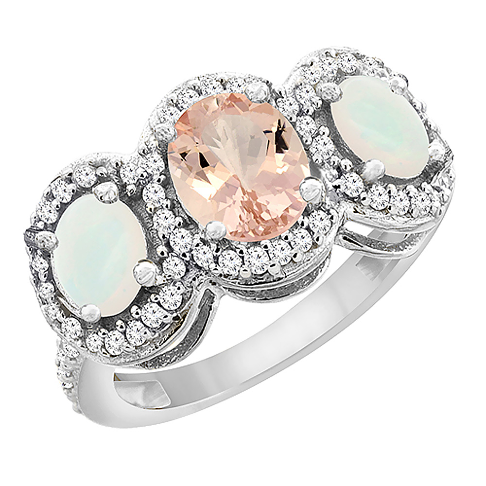 14K White Gold Natural Morganite & Opal 3-Stone Ring Oval Diamond Accent, sizes 5 - 10