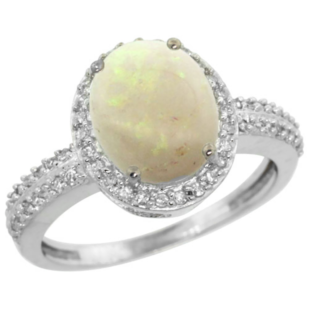14K White Gold Diamond Natural Opal Engagement Ring Oval 10x8mm, sizes 5-10