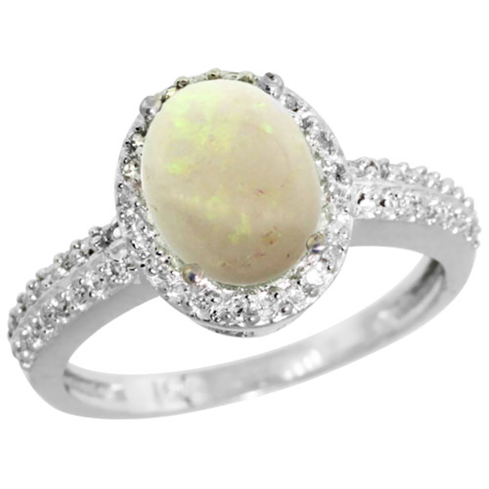 14K White Gold Diamond Natural Opal Ring Oval 9x7mm, sizes 5-10