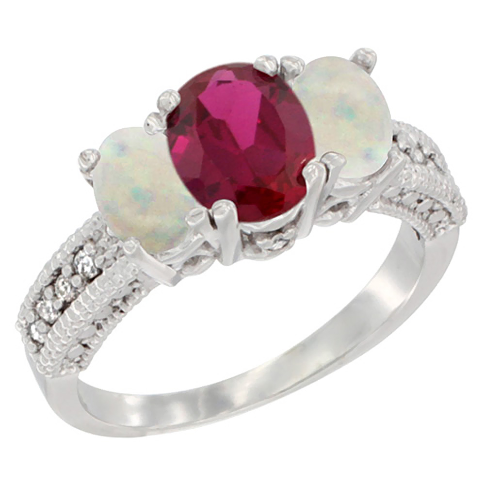 10K White Gold Diamond Quality Ruby 7x5mm & 6x4mm Opal Oval 3-stone Mothers Ring,size 5 - 10