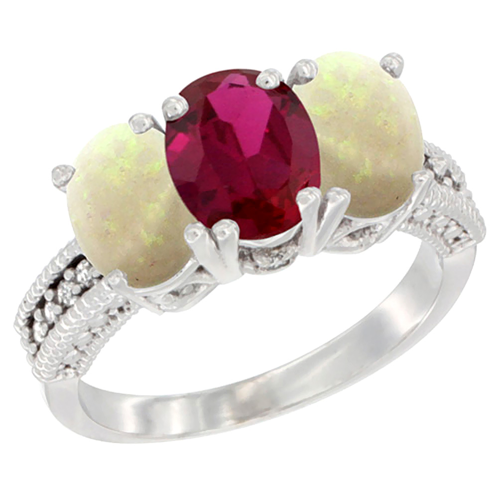 14K White Gold Enhanced Ruby &amp; Natural Opal Sides Ring 3-Stone 7x5 mm Oval Diamond Accent, sizes 5 - 10