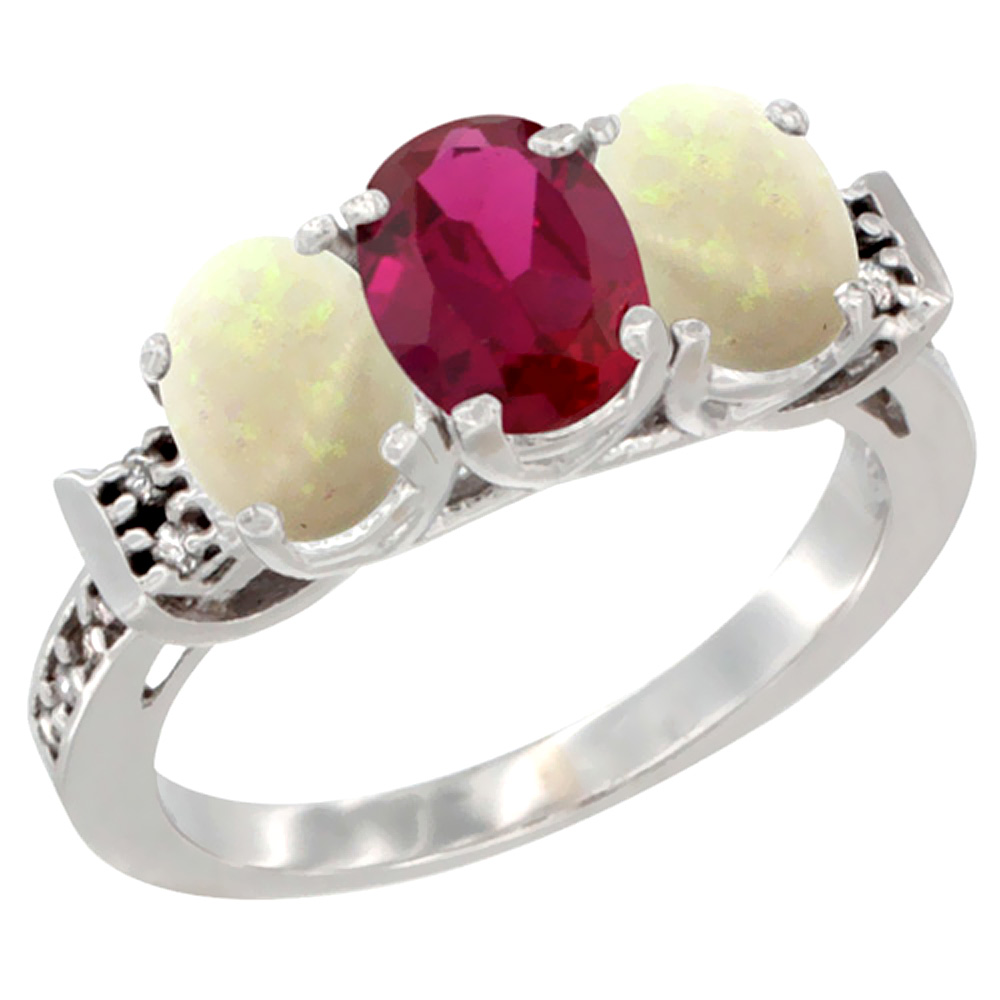 14K White Gold Enhanced Ruby &amp; Natural Opal Sides Ring 3-Stone Oval 7x5 mm Diamond Accent, sizes 5 - 10