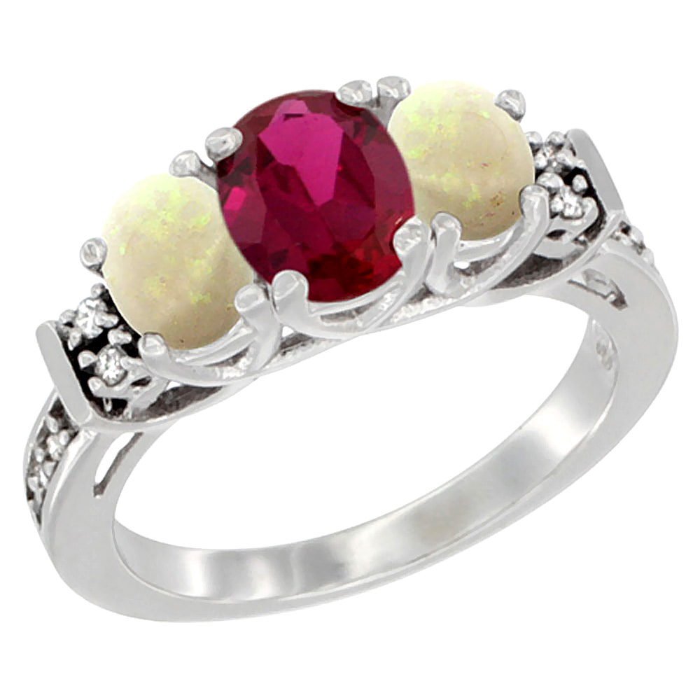 10K White Gold Natural Quality Ruby & Opal 3-stone Mothers Ring Oval Diamond Accent, size 5-10