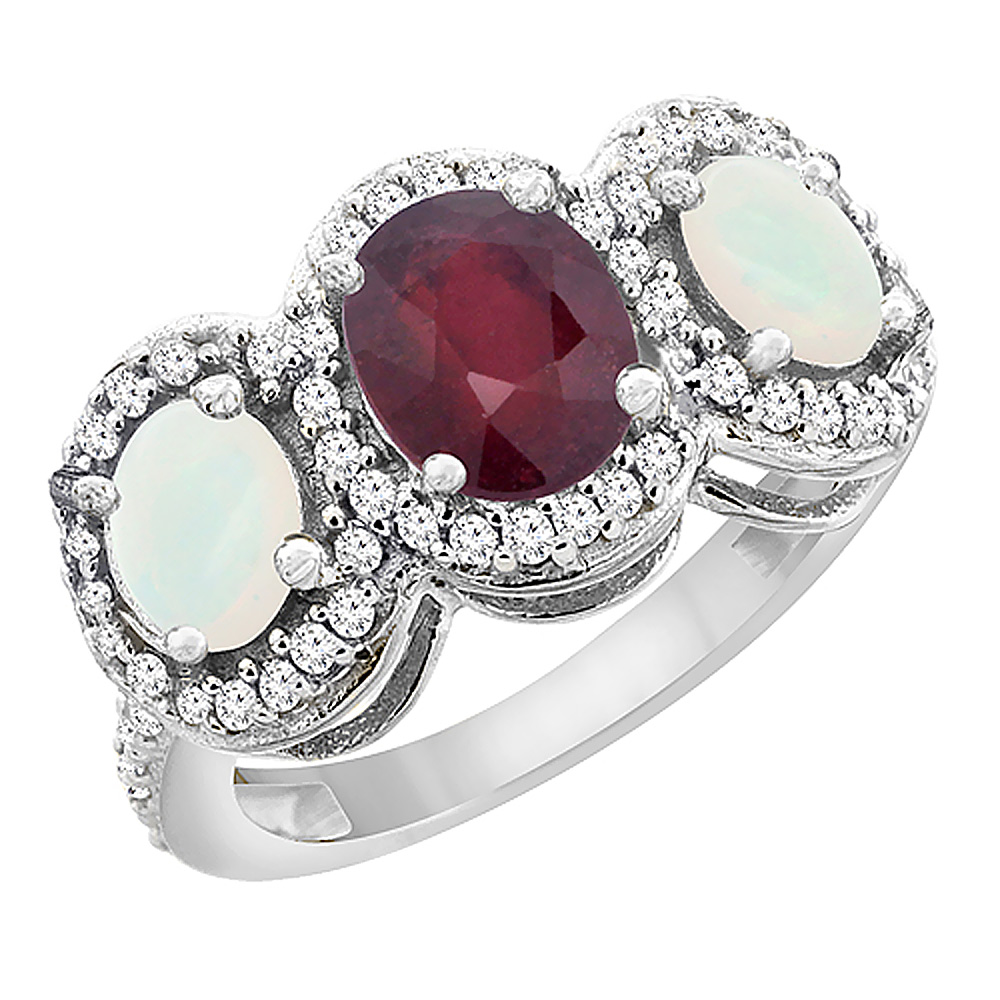 10K White Gold Natural Quality Ruby & Opal 3-stone Mothers Ring Oval Diamond Accent, size 5 - 10