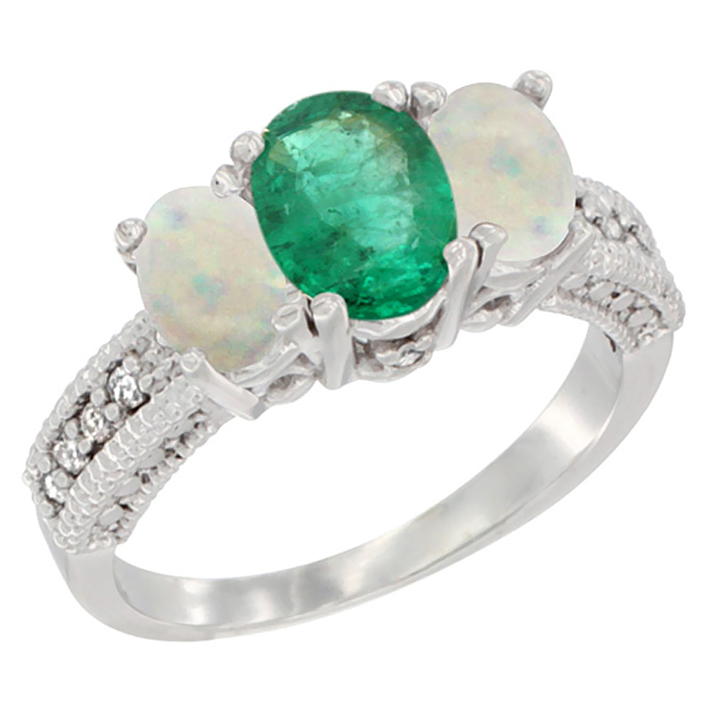 10K White Gold Diamond Natural Quality Emerald 7x5mm &amp; 6x4mm Opal Oval 3-stone Mothers Ring,size 5 - 10