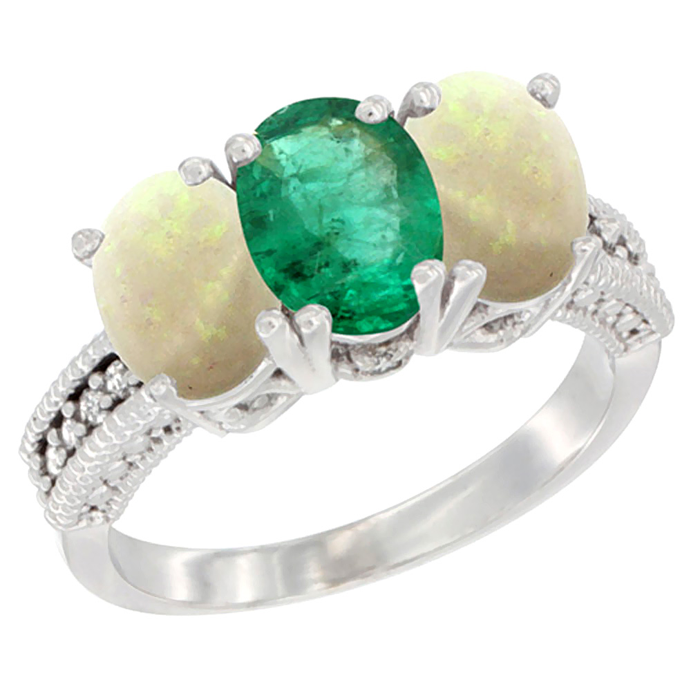 14K White Gold Natural Emerald &amp; Opal Sides Ring 3-Stone 7x5 mm Oval Diamond Accent, sizes 5 - 10
