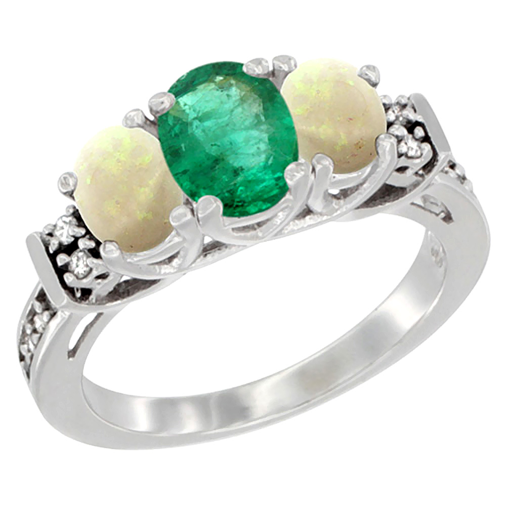 14K White Gold Natural Emerald &amp; Opal Ring 3-Stone Oval Diamond Accent, sizes 5-10