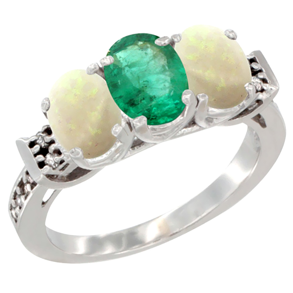 14K White Gold Natural Emerald & Opal Sides Ring 3-Stone Oval 7x5 mm Diamond Accent, sizes 5 - 10