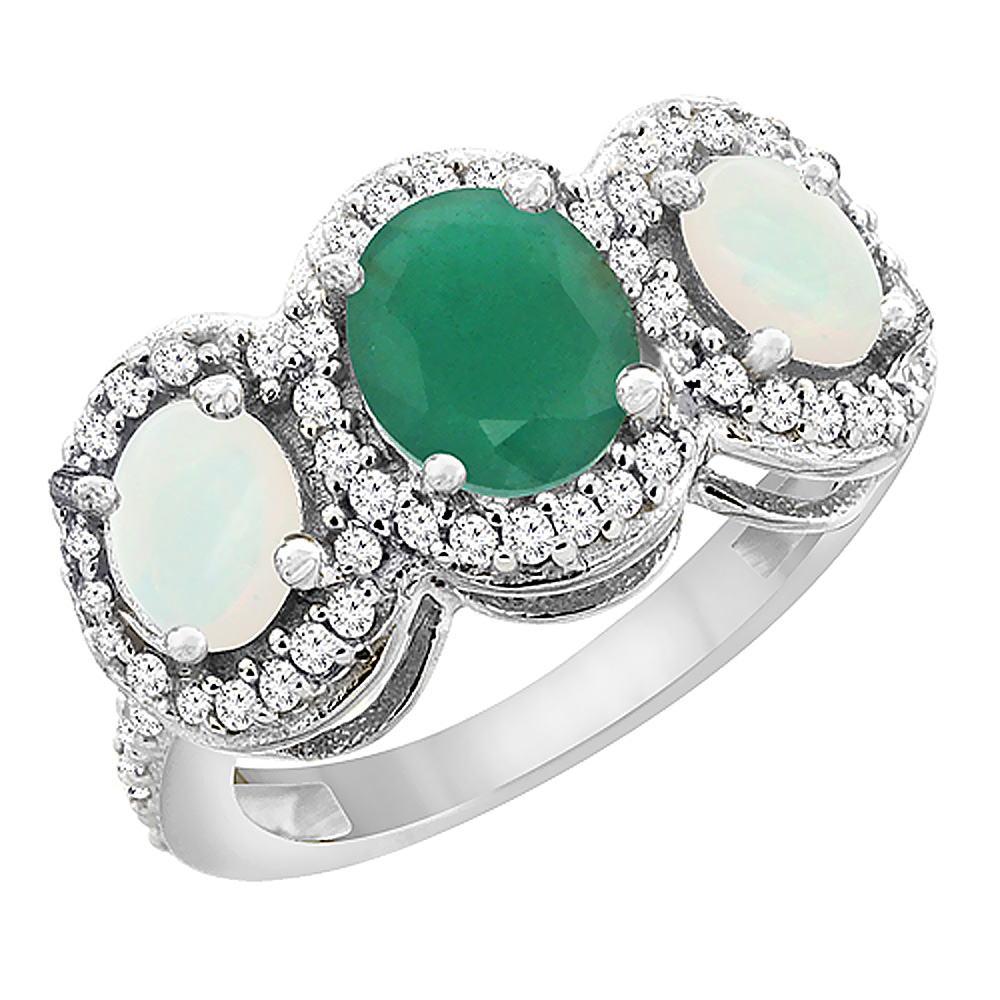 14K White Gold Natural Quality Emerald & Opal 3-stone Mothers Ring Oval Diamond Accent, size 5 - 10