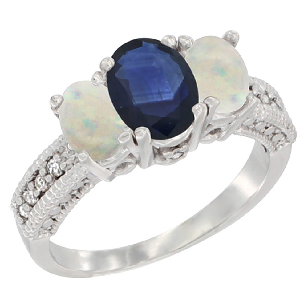 10K White Gold Diamond Natural Blue Sapphire Ring Oval 3-stone with Opal, sizes 5 - 10