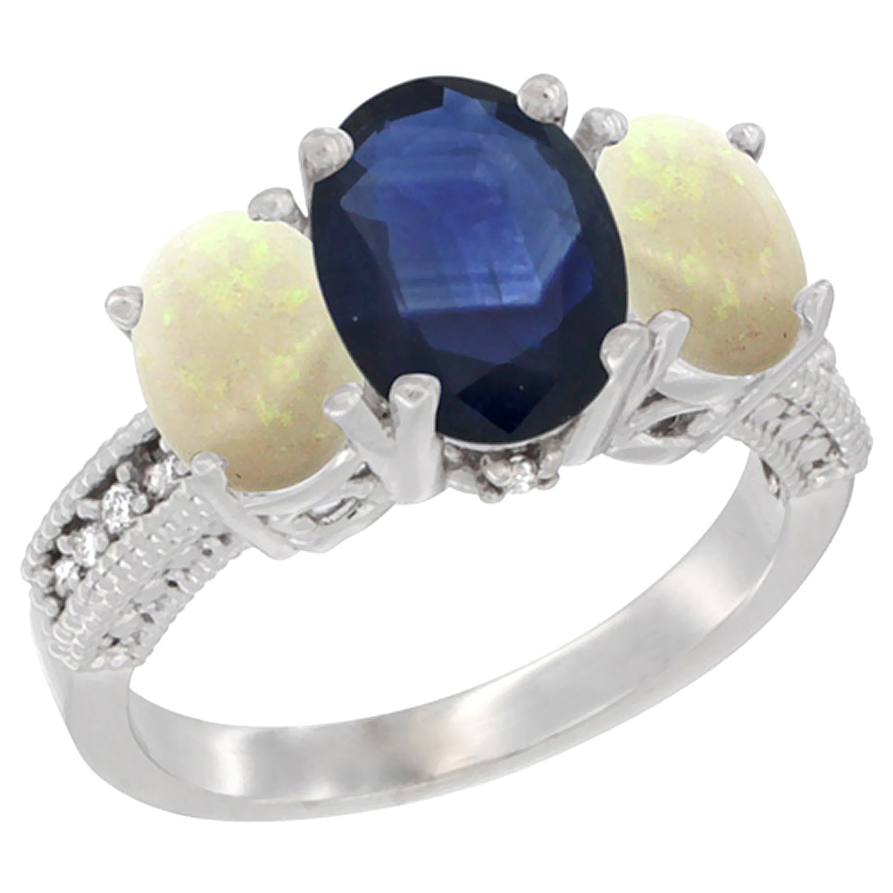 14K White Gold Diamond Natural Blue Sapphire Ring 3-Stone Oval 8x6mm with Opal, sizes5-10