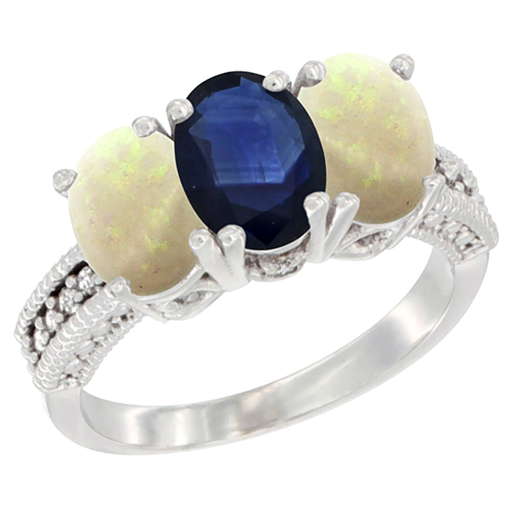 14K White Gold Natural Blue Sapphire & Opal Sides Ring 3-Stone 7x5 mm Oval Diamond Accent, sizes 5 - 10