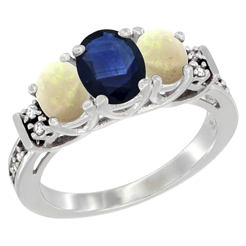 14K White Gold Natural Blue Sapphire &amp; Opal Ring 3-Stone Oval Diamond Accent, sizes 5-10