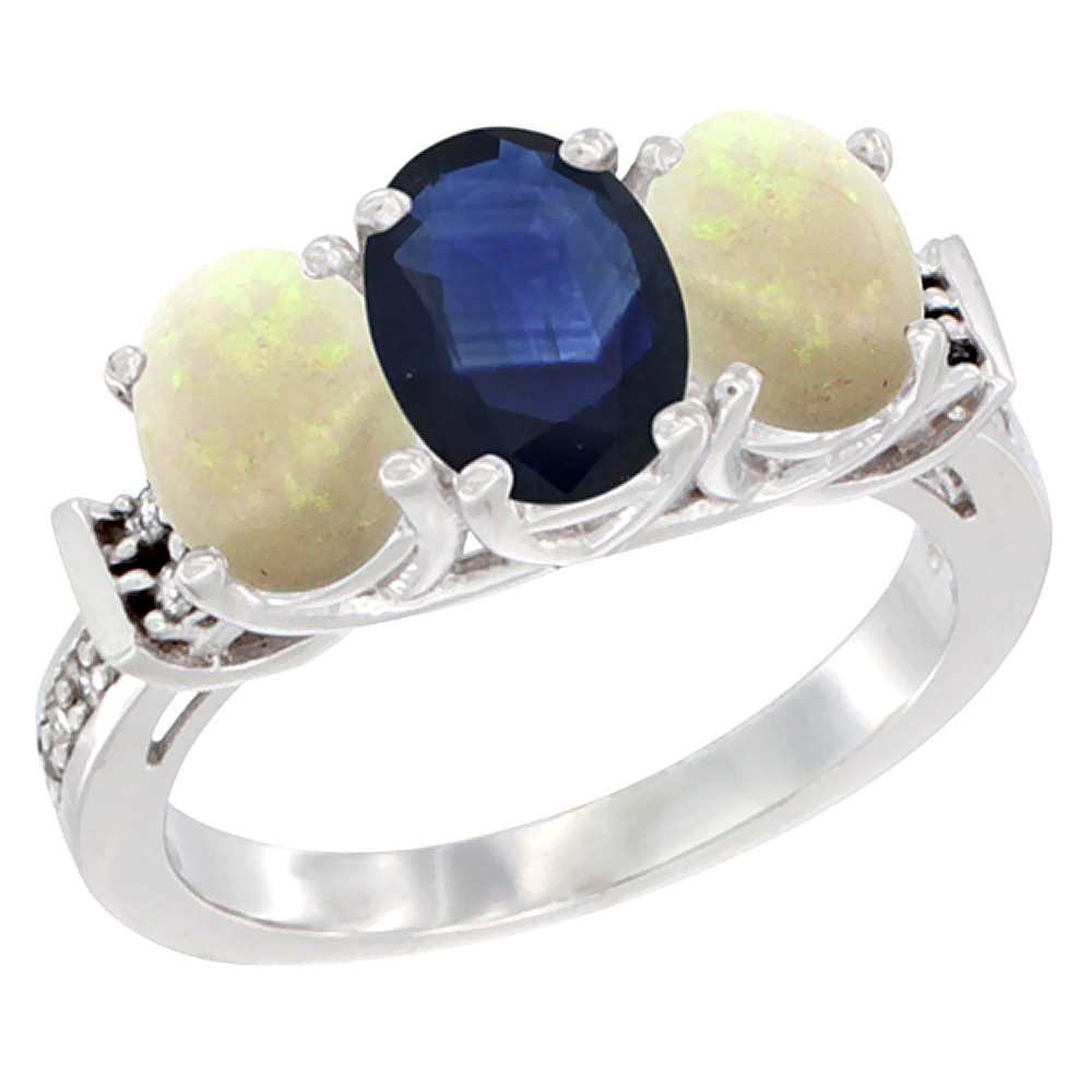 14K White Gold Natural Blue Sapphire &amp; Opal Sides Ring 3-Stone Oval Diamond Accent, sizes 5 - 10