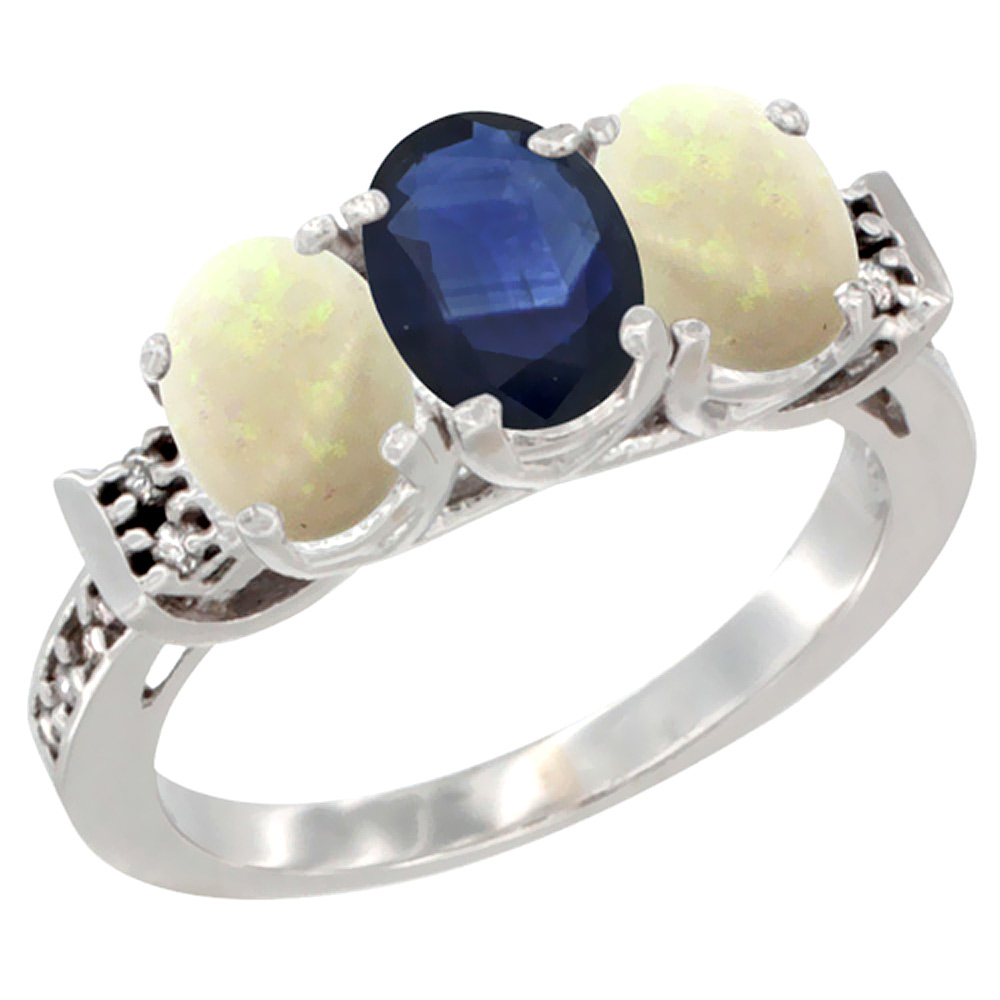 14K White Gold Natural Blue Sapphire &amp; Opal Sides Ring 3-Stone Oval 7x5 mm Diamond Accent, sizes 5 - 10