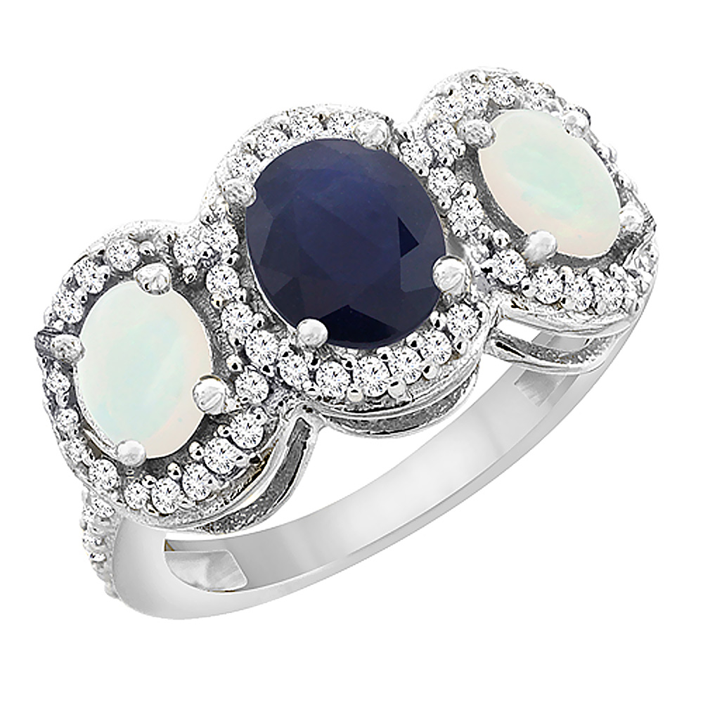 10K White Gold Natural Blue Sapphire &amp; Opal 3-Stone Ring Oval Diamond Accent, sizes 5 - 10
