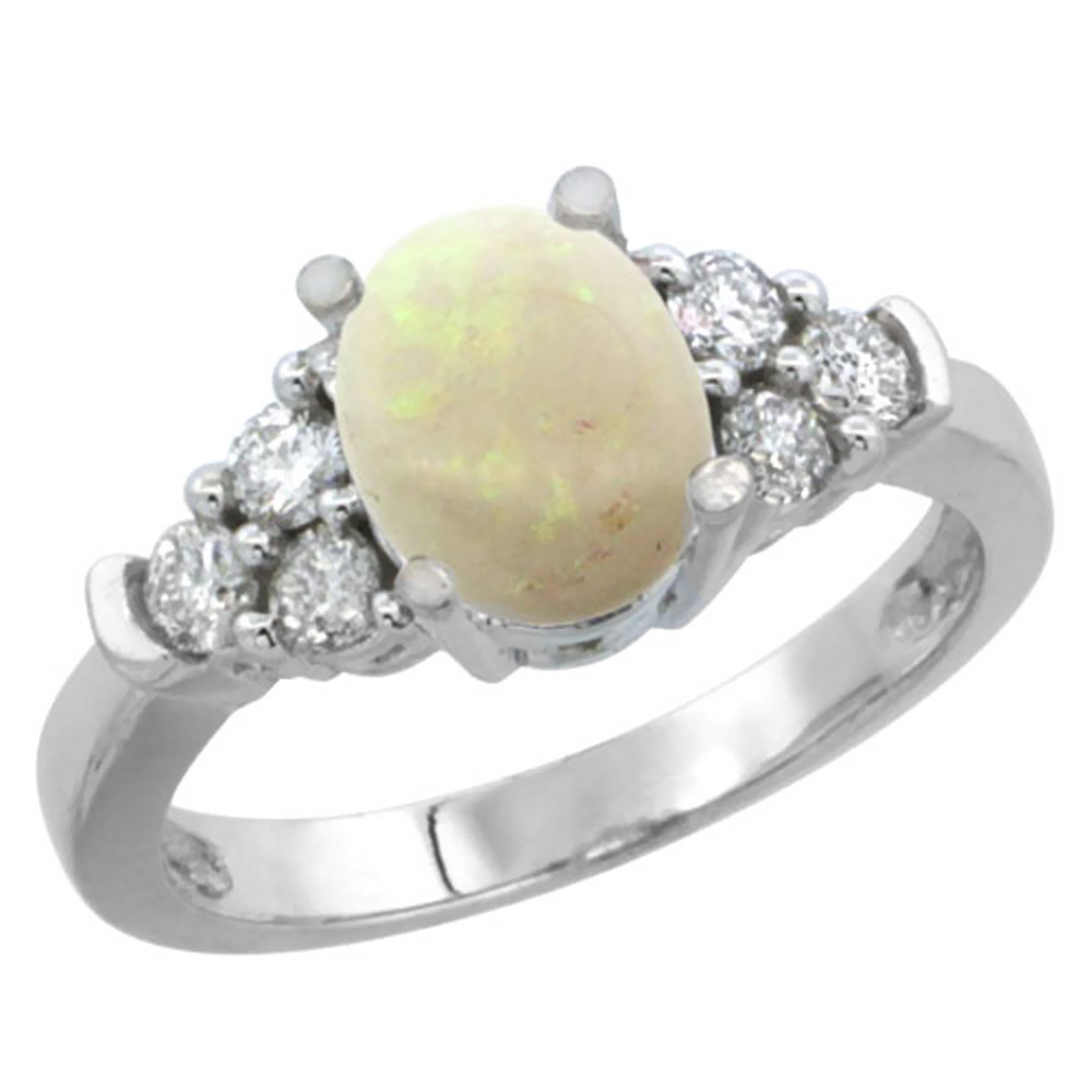 14K White Gold Natural Opal Ring Oval 9x7mm Diamond Accent, sizes 5-10