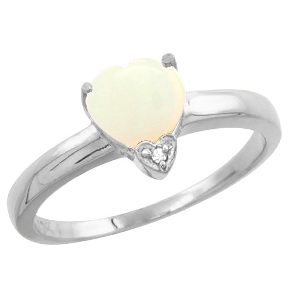 10K White Gold Natural Opal Heart 7x7mm Diamond Accent, sizes 5-10