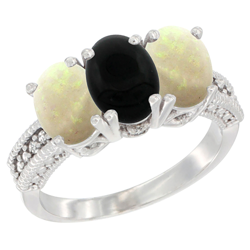 14K White Gold Natural Black Onyx &amp; Opal Sides Ring 3-Stone 7x5 mm Oval Diamond Accent, sizes 5 - 10