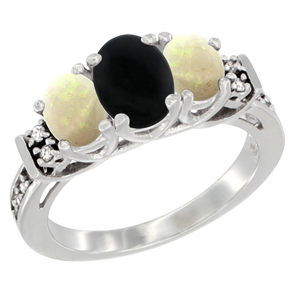 14K White Gold Natural Black Onyx &amp; Opal Ring 3-Stone Oval Diamond Accent, sizes 5-10