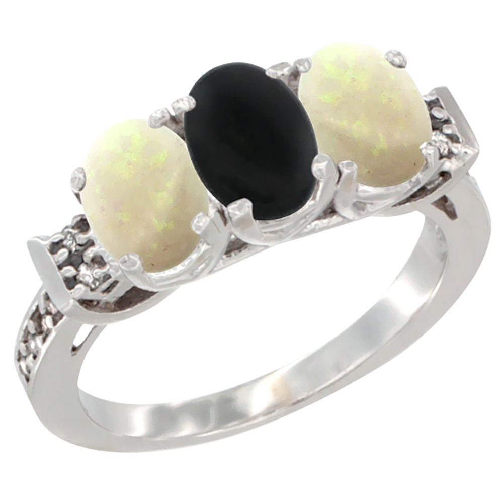 14K White Gold Natural Black Onyx &amp; Opal Sides Ring 3-Stone Oval 7x5 mm Diamond Accent, sizes 5 - 10