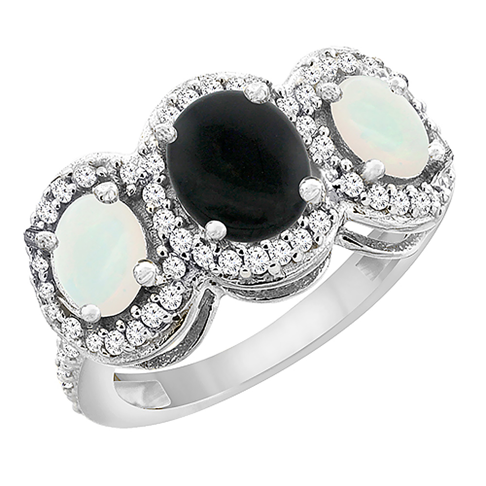 14K White Gold Natural Black Onyx & Opal 3-Stone Ring Oval Diamond Accent, sizes 5 - 10