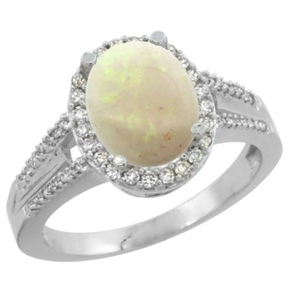 10K White Gold Diamond Natural Opal Engagement Ring Oval 10x8mm, sizes 5-10
