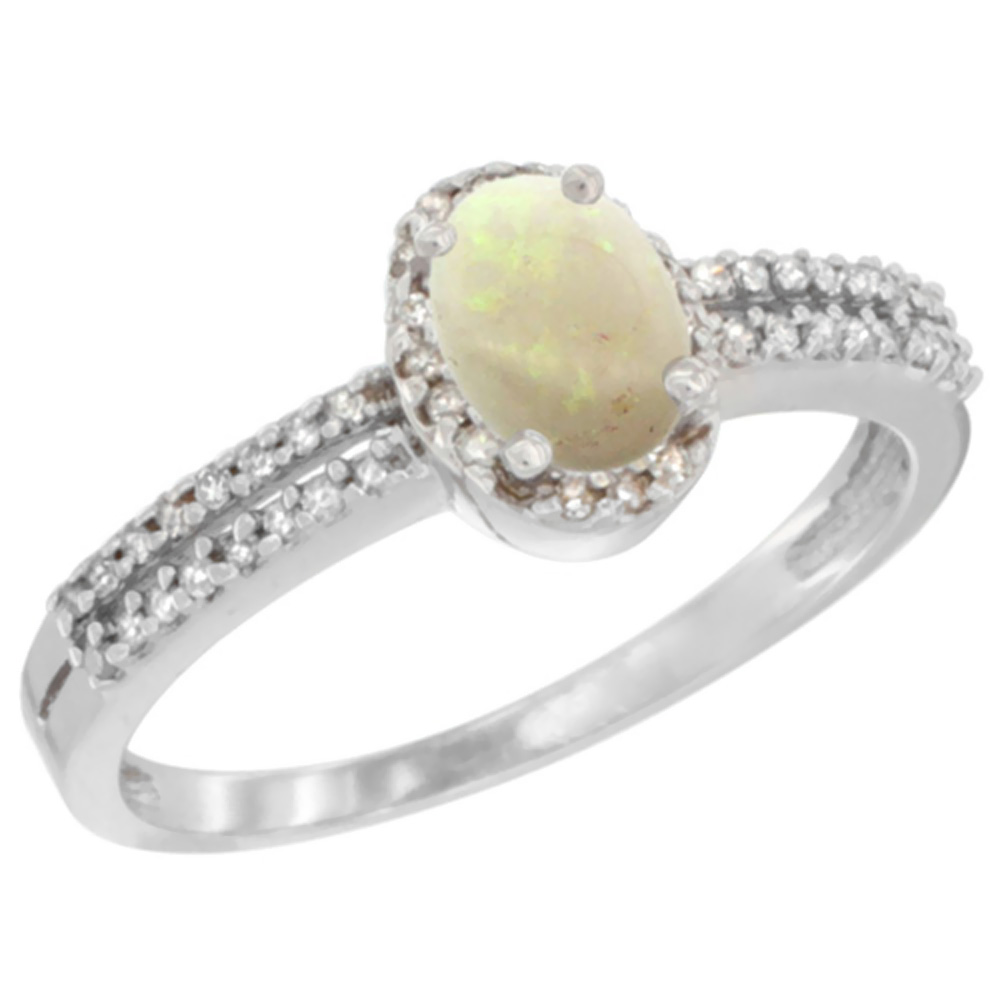 14K White Gold Natural Opal Ring Oval 6x4mm Diamond Accent, sizes 5-10
