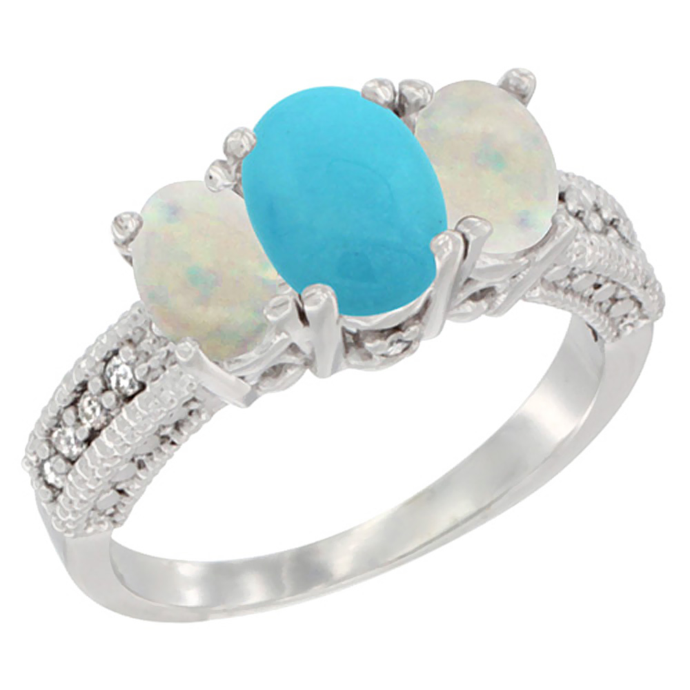 14K White Gold Diamond Natural Turquoise Ring Oval 3-stone with Opal, sizes 5 - 10