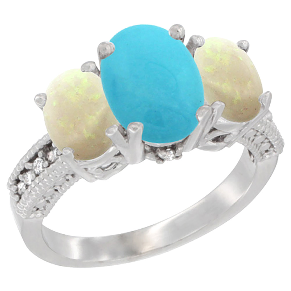 14K White Gold Diamond Natural Turquoise Ring 3-Stone Oval 8x6mm with Opal, sizes5-10