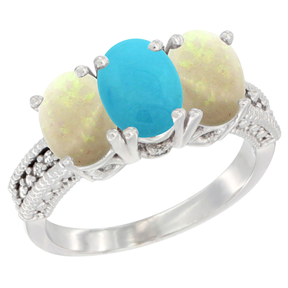14K White Gold Natural Turquoise &amp; Opal Sides Ring 3-Stone 7x5 mm Oval Diamond Accent, sizes 5 - 10