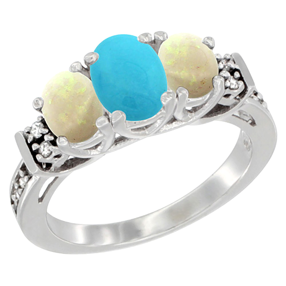 14K White Gold Natural Turquoise &amp; Opal Ring 3-Stone Oval Diamond Accent, sizes 5-10
