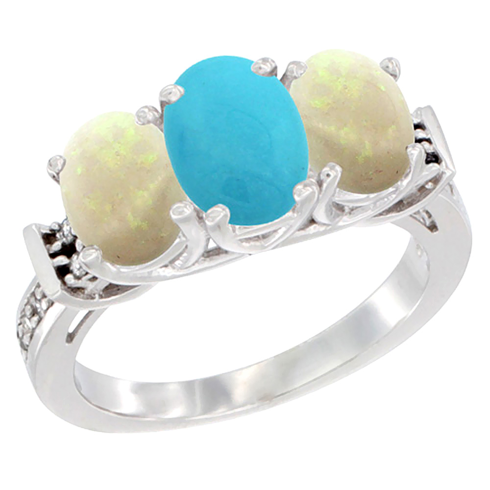 10K White Gold Natural Turquoise &amp; Opal Sides Ring 3-Stone Oval Diamond Accent, sizes 5 - 10