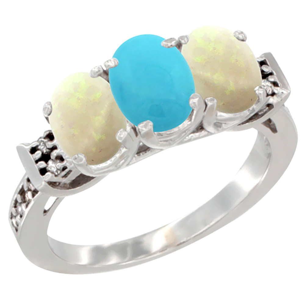 10K White Gold Natural Turquoise &amp; Opal Sides Ring 3-Stone Oval 7x5 mm Diamond Accent, sizes 5 - 10