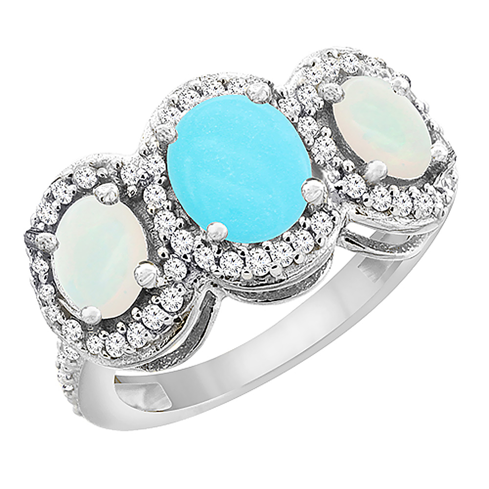 10K White Gold Natural Turquoise &amp; Opal 3-Stone Ring Oval Diamond Accent, sizes 5 - 10