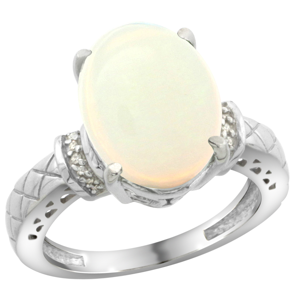 14K White Gold Diamond Natural Opal Ring Oval 14x10mm, sizes 5-10
