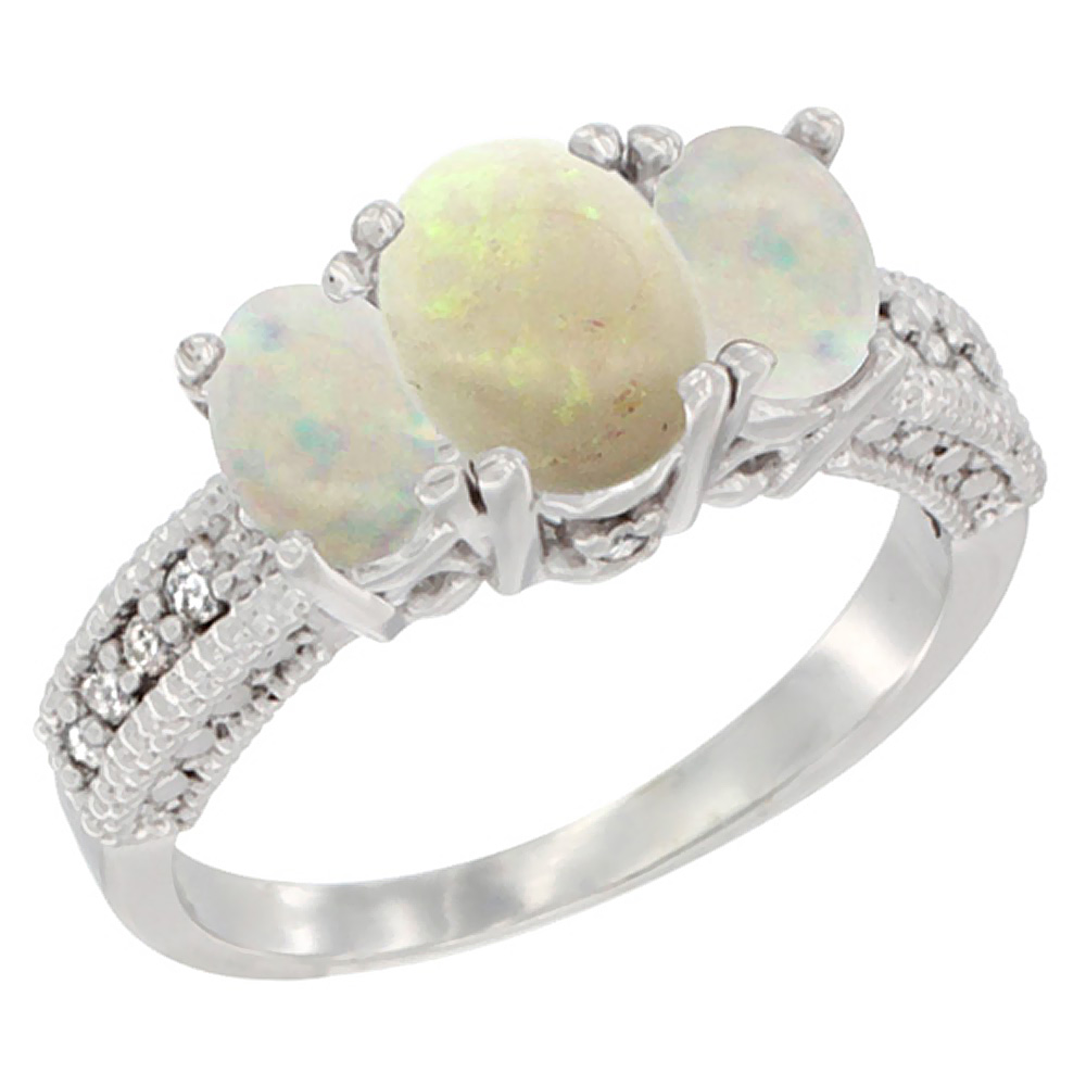 14K White Gold Diamond Natural Opal Ring Oval 3-stone, sizes 5 - 10