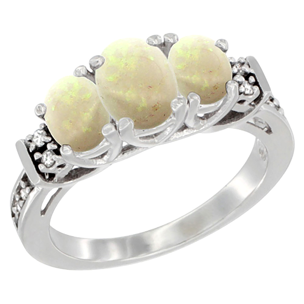 14K White Gold Natural Opal Ring 3-Stone Oval Diamond Accent, sizes 5-10