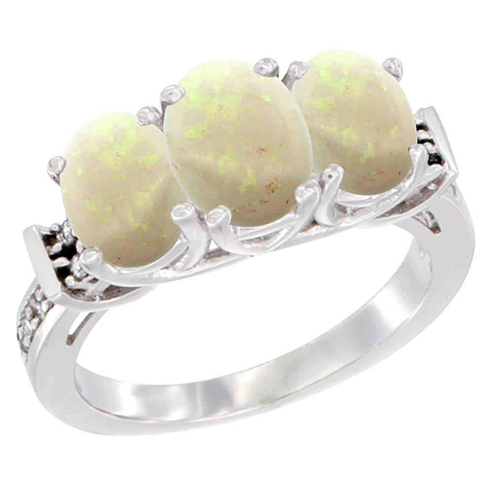 14K White Gold Natural Opal Ring 3-Stone Oval Diamond Accent, sizes 5 - 10