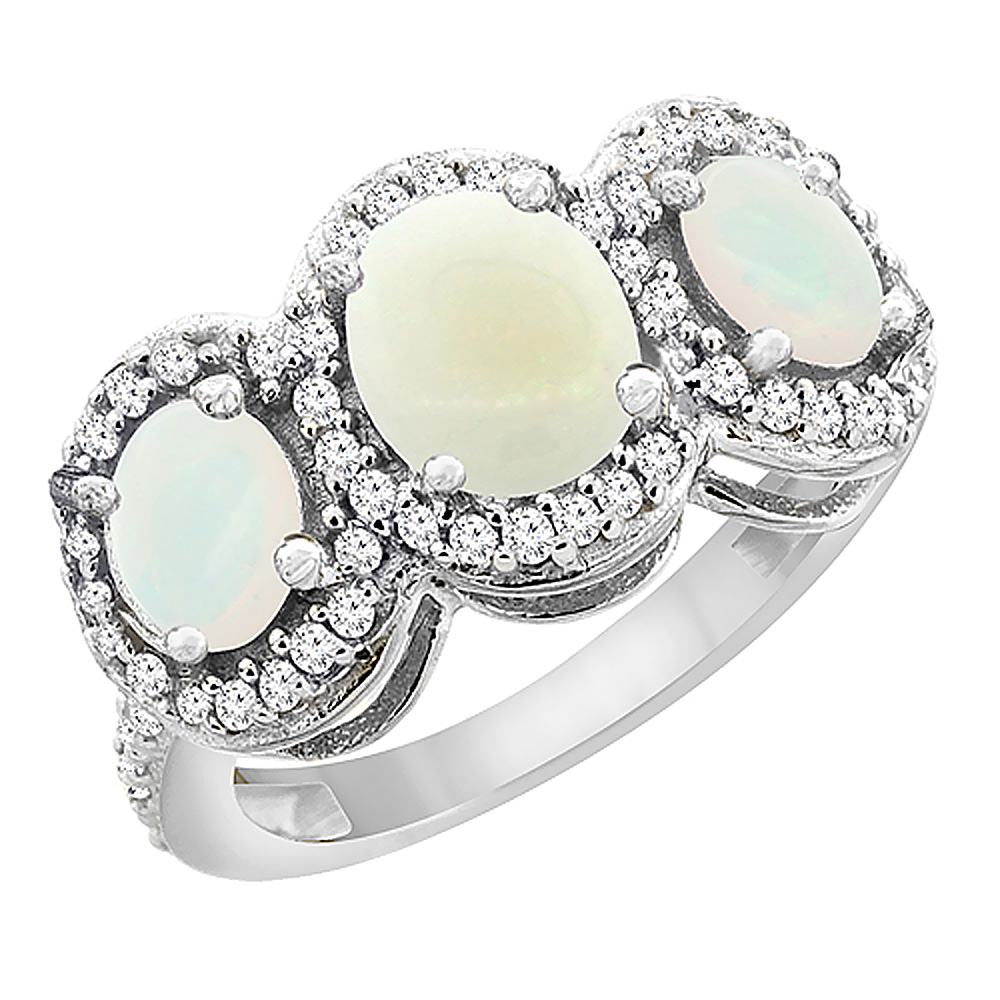 10K White Gold Natural Opal 3-Stone Ring Oval Diamond Accent, sizes 5 - 10