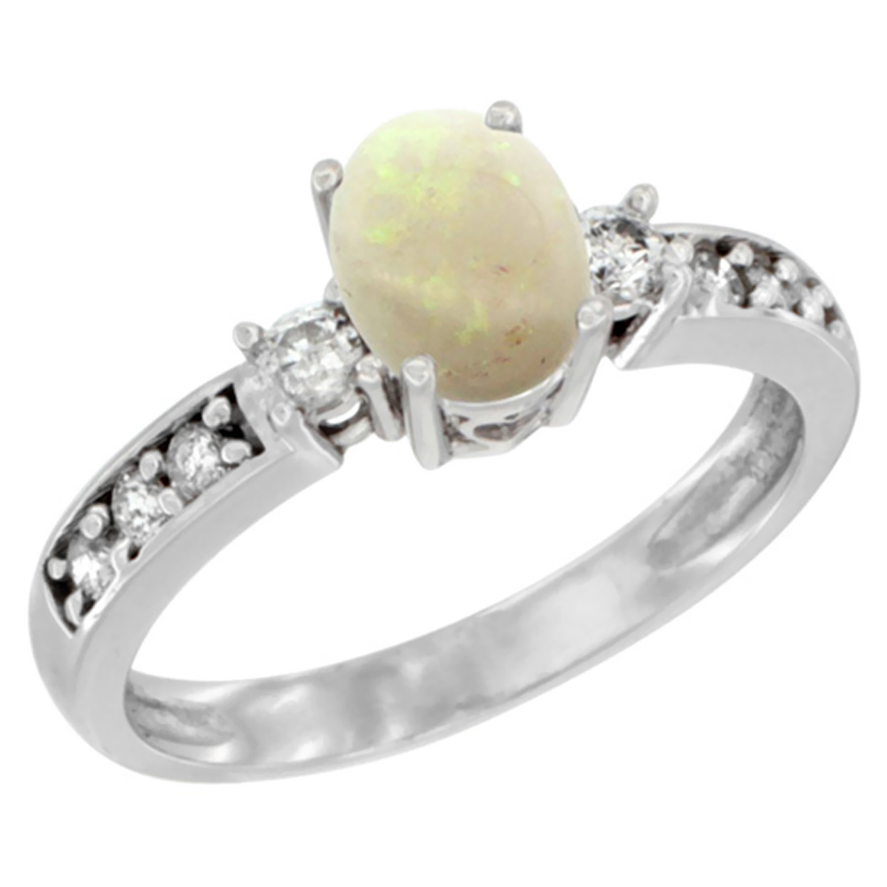 14K Yellow Gold Natural Opal Ring Oval 7x5 mm Diamond Accent, sizes 5 - 10