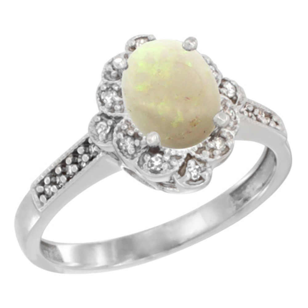 14K White Gold Natural Opal Ring Oval 8x6 mm Floral Diamond Halo, sizes 5 - 10