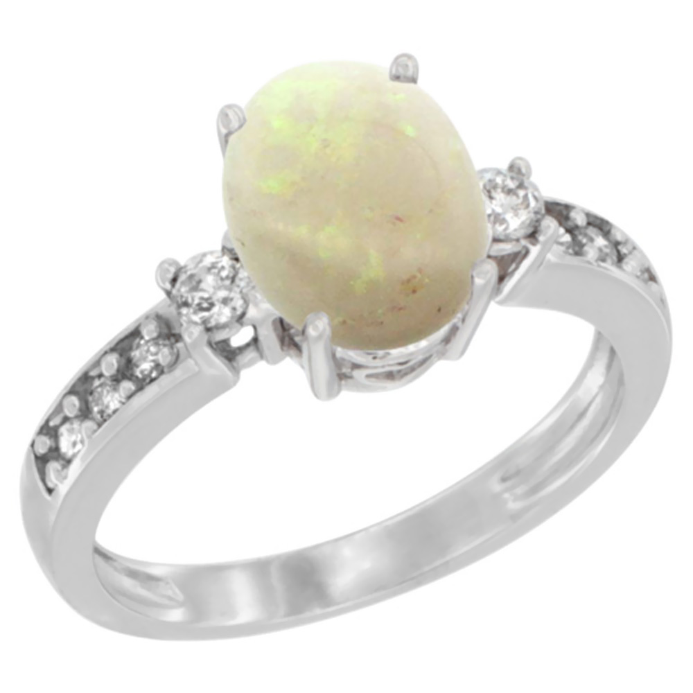 14K Yellow Gold Natural Opal Ring Oval 9x7 mm Diamond Accent, sizes 5 - 10
