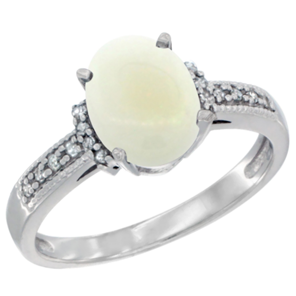 10K White Gold Natural Opal Ring Oval 9x7 mm Diamond Accent, sizes 5 - 10