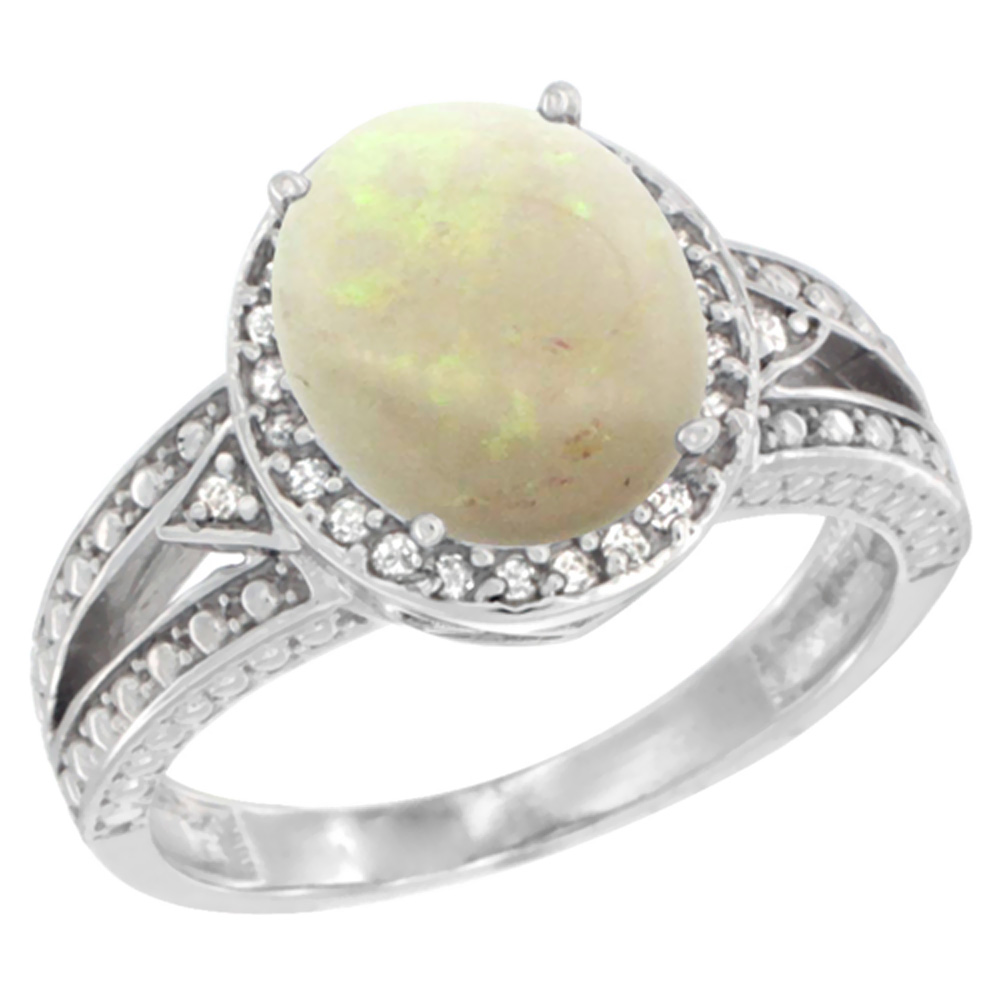 14K White Gold Natural Opal Ring Oval 9x7 mm Diamond Halo, sizes 5 - 10