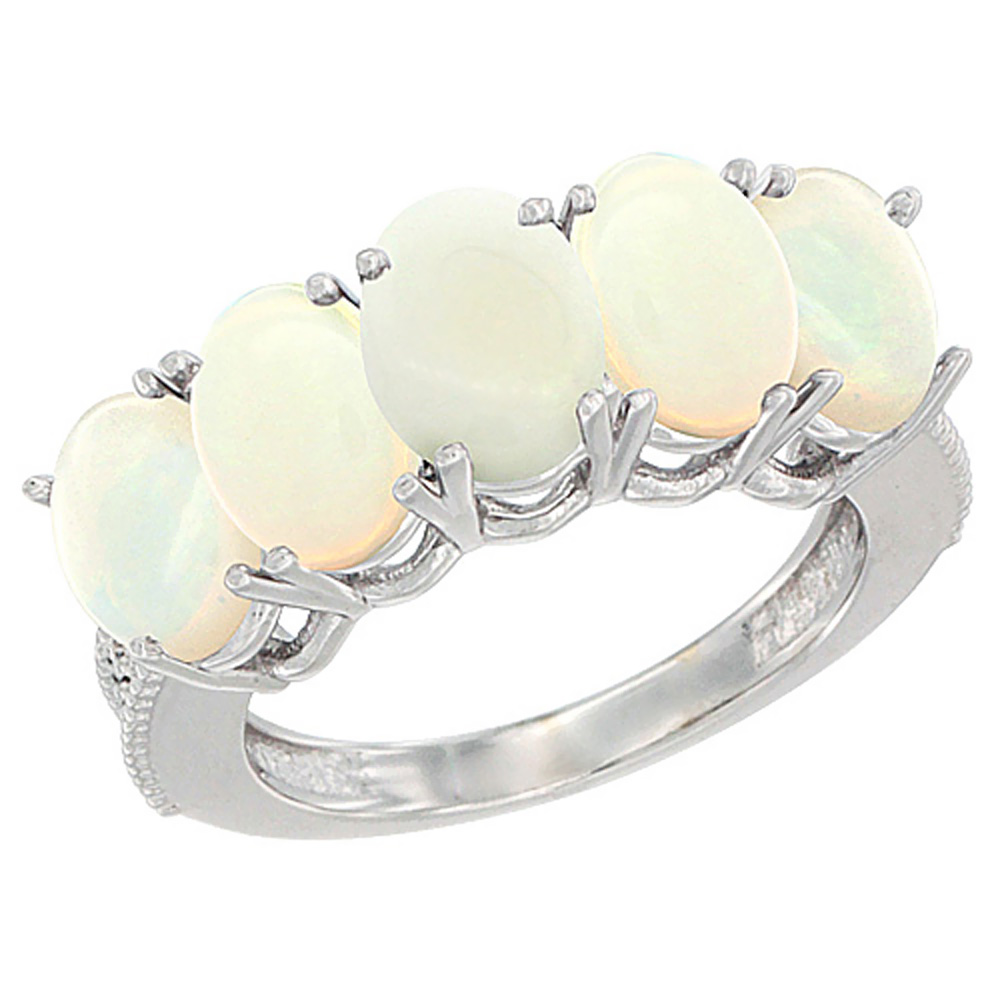 10K White Gold Natural Opal 0.46 ct. Oval 7x5mm 5-Stone Mother&#039;s Ring with Diamond Accents, sizes 5 to 10 with half sizes